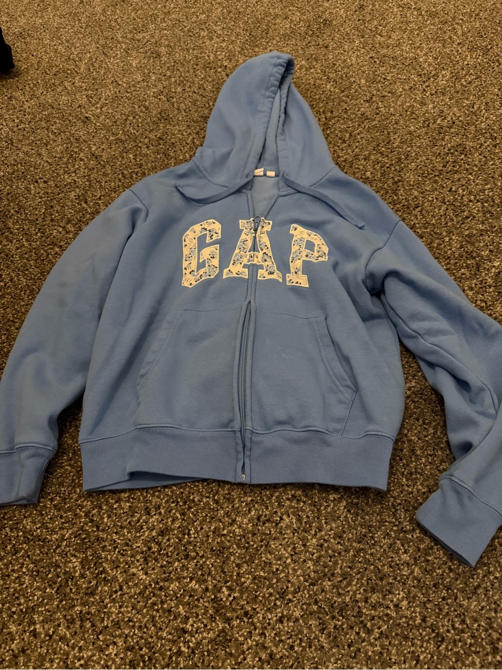 GAP Light Blue Zip-Front Hoodie with Floral Lettering